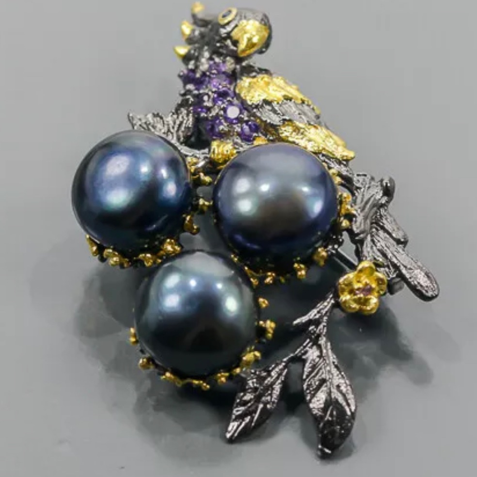 Exquisite Genuine Black Tahitian Pearl Brooch